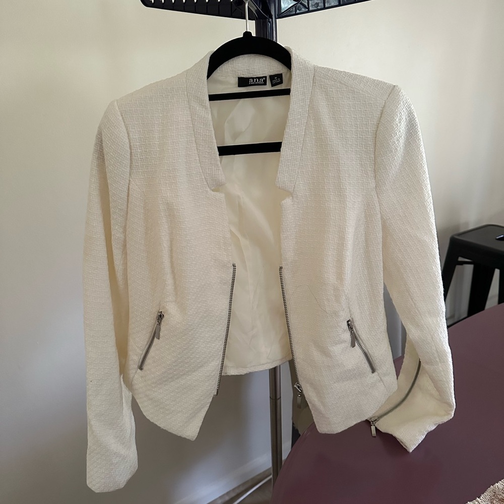 White Collarless Blazer with Zip Details